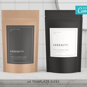 Puede incluir: Dos bolsas con etiquetas para exfoliante corporal. La bolsa de la izquierda es marrón con una etiqueta negra que dice "SERENITY" y "VANILLA & BROWN SUGAR EXFOLIATING BODY SCRUB". La bolsa de la derecha es negra con una etiqueta blanca que dice "SERENITY" y "VANILLA & BROWN SUGAR EXFOLIATING BODY SCRUB".