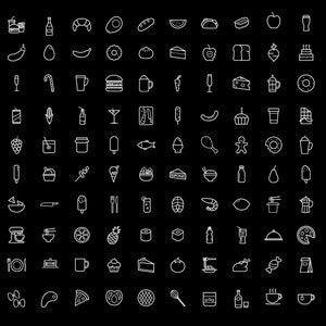 May include: A collection of 100 black and white line icons depicting various food and drink items. The icons include fruits, vegetables, desserts, beverages, and other culinary items.