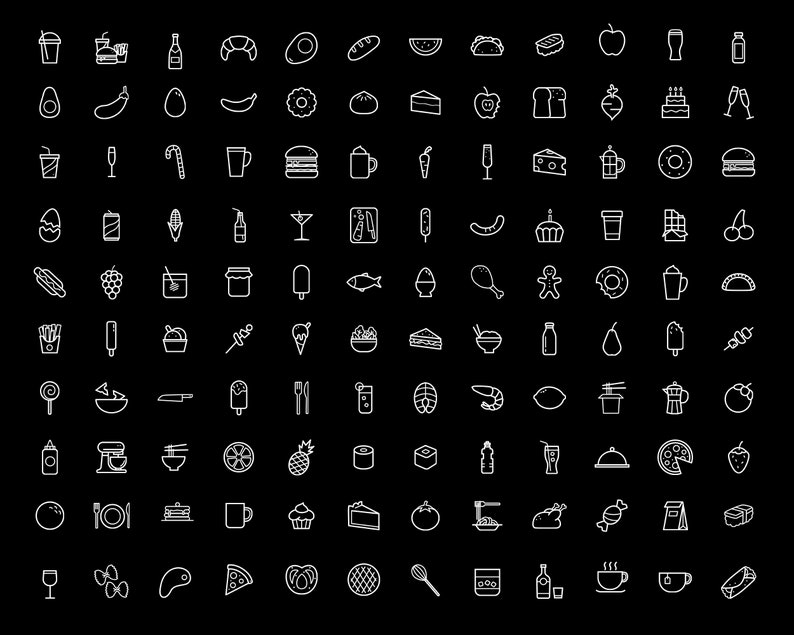 May include: A collection of 100 black and white line icons depicting various food and drink items. The icons include fruits, vegetables, desserts, beverages, and other culinary items.