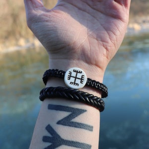 Slavic Hands of God Leather Bracelet with Deer Bone
