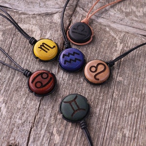 Zodiac sign Wood Necklace | Birthstone wood pendant | Zodiac Jewelry | Personalized Horoscope necklace | Star sign necklace