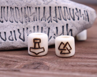 Thor Hammer beads- natural deer bone hair or beard beads, viking hair beads for norse mythology fans