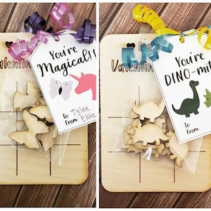 Valentines Class Favor Handouts, Personalized Kids Tic Tac Toe Set, Wood, Assembled, Dinosaur Unicorn