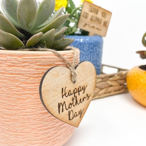 May include: Three potted plants with a heart-shaped wooden tag that says "Happy Mother's Day". The plants are in pink, blue, and yellow pots. The tag is tied to the pink pot with twine.