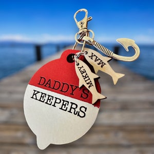 Personalized Fishing Keychain: Wooden Bobber, Engraved Fish Charms
