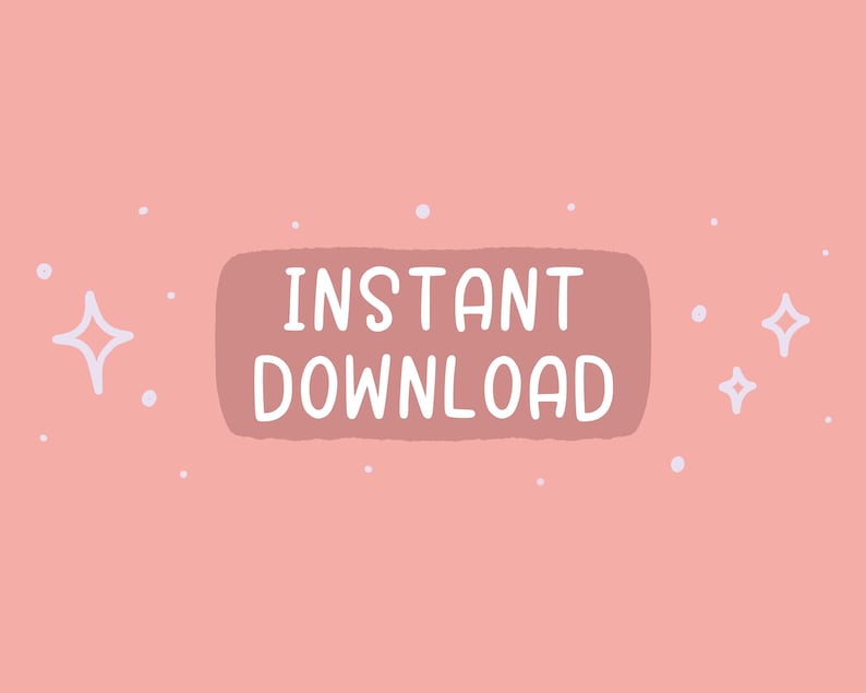 May include: A digital art graphic on a pink background with white dots and star shapes. A brown rectangle contains the words "INSTANT DOWNLOAD" in white, sans-serif font.