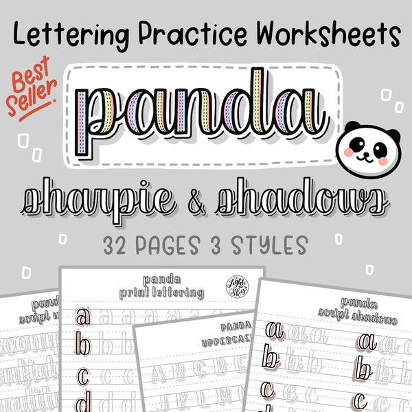 Feuilles d'exercices pratiques pour le lettrage à la main de panda | Sharpie et ombres | TÉLÉCHARGEMENT NUMÉRIQUE | Lettrage iPad | art de la lumière