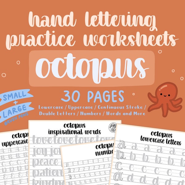 Feuilles d'exercices pratiques pour le lettrage à la main Octopus pour petits et grands stylos pinceaux | TÉLÉCHARGEMENT NUMÉRIQUE | Lettrage iPad | art de la lumière