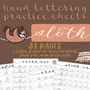 Sloth Hand Lettering Practice Worksheets For Small & Large Brush Pens (2 Styles) | DIGITAL DOWNLOAD | lighttheskyarts