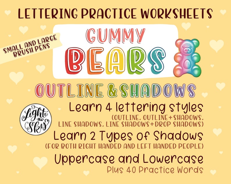 Gummy Bears Hand Lettering Practice Worksheets: Outline & Shadows (Digital Download) image 2
