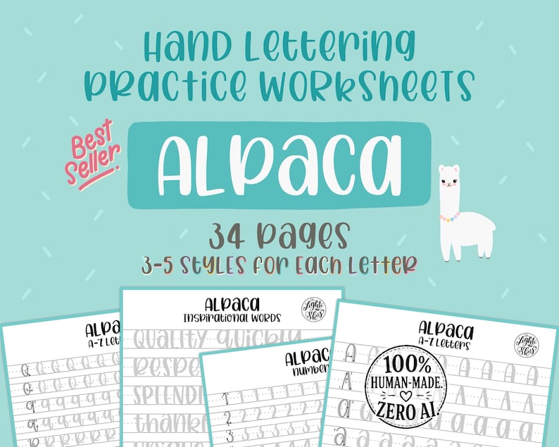 May include: Hand lettering practice worksheets featuring the word "Alpaca" in large letters. The image includes the text "34 pages" and "3-5 styles for each letter". The worksheets are labeled "Alpaca A-Z Letters" and "Alpaca Inspirational Words".