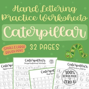 May include: Hand lettering practice worksheets with the word "Caterpillar" in a whimsical font. The green background features a cartoon caterpillar and the text "32 pages". Includes worksheets for uppercase and lowercase letters, and numbers.