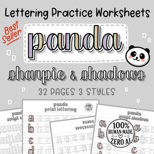 Könnte beinhalten: Ein grauer Hintergrund mit Übungsblättern für die Schrift. Der Titel lautet "Lettering Practice Worksheets" mit dem Wort "panda" in bunten Buchstaben. Darunter steht "sharpie & shadows" und "32 PAGES 3 STYLES". Ein Panda-Gesicht befindet sich oben rechts.