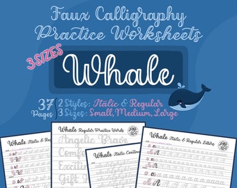 Whale Faux Calligraphy Practice Worksheets | Italic & Regular | 3 Sizes | DIGITAL DOWNLOAD | Printing | iPad Lettering | lighttheskyarts