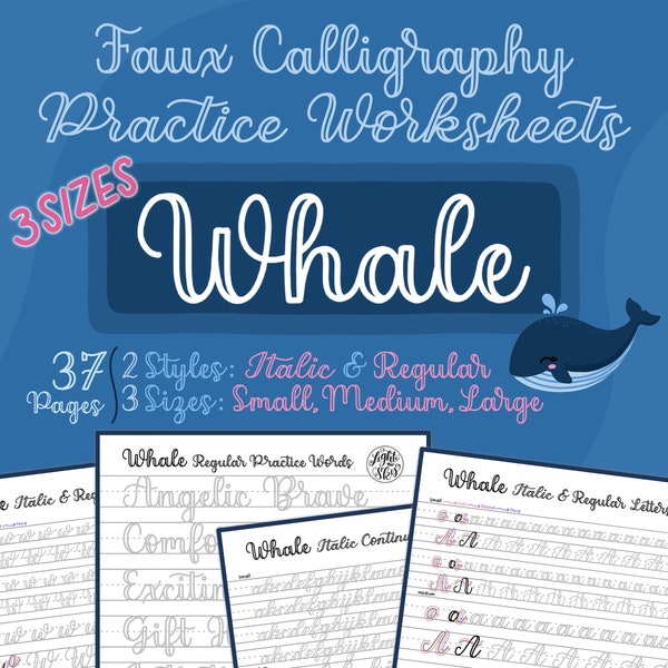 Whale Faux Calligraphy Practice Worksheets | Italic & Regular | 3 Sizes | DIGITAL DOWNLOAD | Printing | iPad Lettering | lighttheskyarts