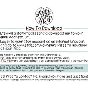 May include: A digital download guide with the text "Light the Sky" and instructions on how to download files from Etsy. The guide includes information on file types and contact details for support.