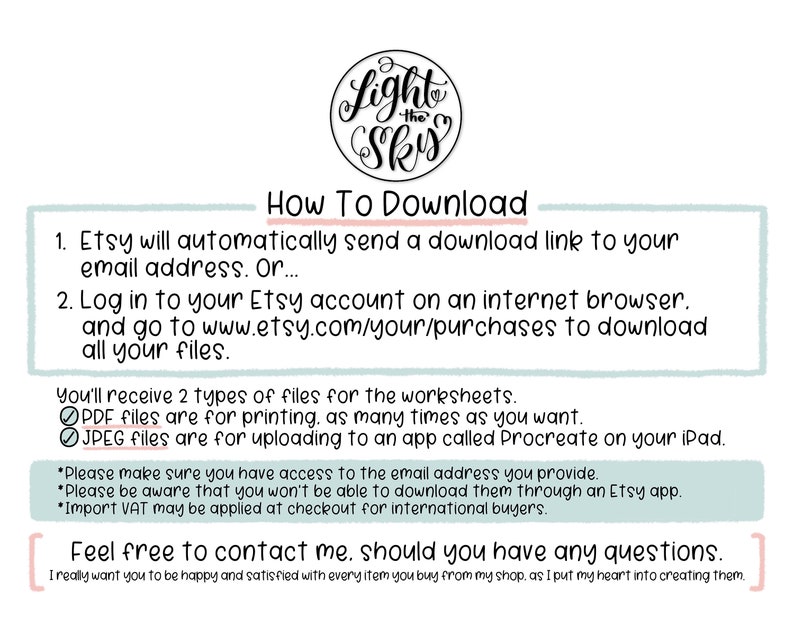 May include: A digital download guide with the text "Light the Sky" and instructions on how to download files from Etsy. The guide includes information on file types and contact details for support.