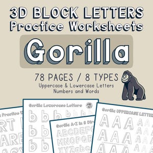 Może przedstawiać: Edukacyjne arkusze ćwiczeń do ćwiczenia liter blokowych 3D. Obraz zawiera słowo "Gorilla" w literach 3D, wraz z tekstem "78 STRON / 8 TYPÓW" oraz "Litery wielkie i małe, liczby i słowa". Zawiera kreskówkową goryla.