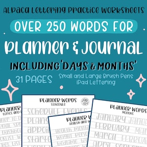 Mais de 250 palavras para planejador e diário: planilhas de prática de letras impressas em alpaca | Caneta pincel pequena e grande | Letras para iPad | DOWNLOAD DIGITAL