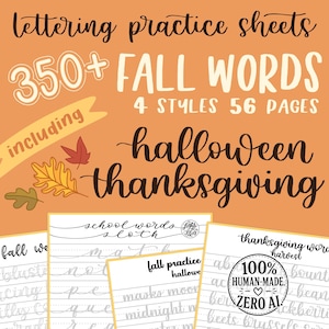 Puede incluir: Fondo naranja con hojas de práctica de letras. El texto incluye "350+ FALL WORDS", "4 STYLES 56 PAGES" y "halloween thanksgiving". Varias hojas de práctica son visibles, con palabras como "fall", "school" y "thanksgiving".