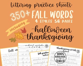 350+ Fall Words Lettering Practice Worksheets: 4 Styles (Digital Download)