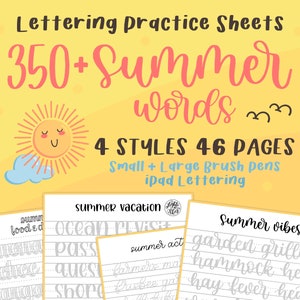 350+ Summer Words Lettering Practice Worksheets by lighttheskyarts | 4 Styles | Small + Large Brush Pens | iPad Lettering | DIGITAL DOWNLOAD