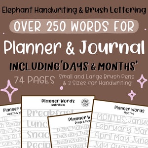 250+ Words for Planner and Journal: Elephant Lettering Practice Worksheets | Small & Large Brush Pen | iPad Lettering | DIGITAL DOWNLOAD