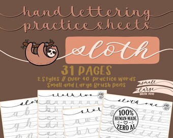 Sloth Hand Lettering Practice Worksheets: For Brush Pens and iPad (Digital Download)