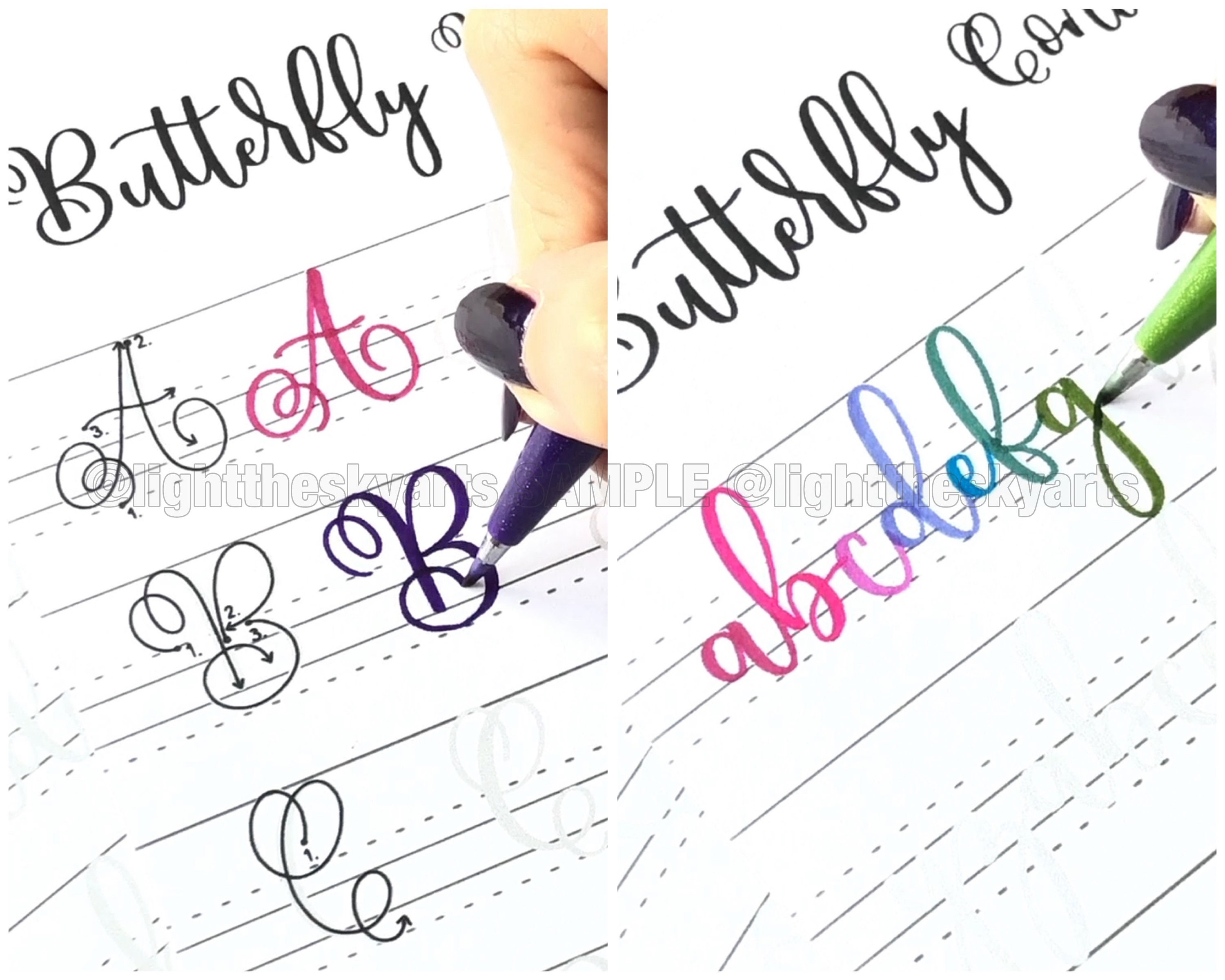 Butterfly-themed hand lettering practice worksheets.