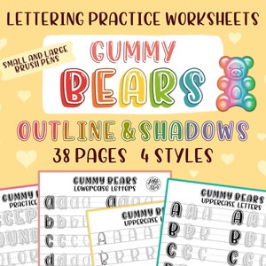 Gummy Bears Hand Lettering Practice Worksheets | Outline & Shadows | DIGITAL DOWNLOAD | iPad Lettering + Printing | lighttheskyarts