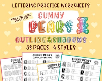 Gummy Bears Hand Lettering Practice Worksheets: Outline & Shadows (Digital Download)