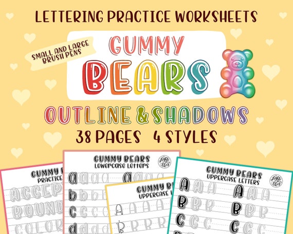 Gummy Bears Hand Lettering Practice Worksheets: Outline & Shadows (Digital Download)