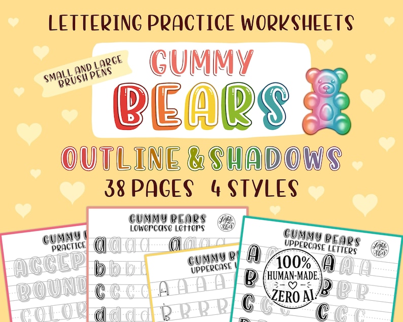Gummy Bears Hand Lettering Practice Worksheets: Outline & Shadows (Digital Download) image 1