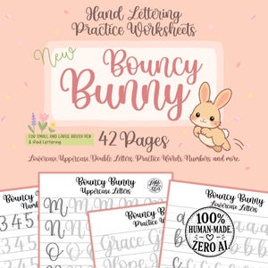 May include: Hand lettering practice worksheets titled Bouncy Bunny with 42 pages. The cover features a cartoon bunny, text for small and large brush pens, and iPad lettering. Includes lowercase, uppercase, double letters, practice words, and numbers.