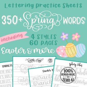 Könnte beinhalten: Lettering-Übungsblätter mit über 350 Frühlingswörtern, darunter 4 Stile und 60 Seiten. Das Design zeigt Ostereier und Blumen mit dem Text "Easter & more". Das Bild enthält auch den Text "100% Human-Made, Zero AI."