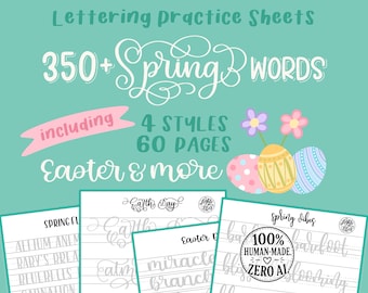May include: Lettering practice sheets with over 350 spring words, including 4 styles and 60 pages. The design features Easter eggs and flowers, with the text "Easter & more." The image also includes the text "100% Human-Made, Zero AI."