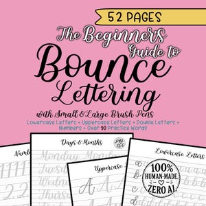以下が含まれることがあります： 「The Beginner's Guide to Bounce Lettering」と書かれたピンク色のガイド。小文字と大文字、数字、二重文字の練習ページが含まれています。ガイドは52ページです。