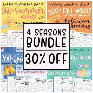 4 SEIZOENENBUNDEL: 'Zomer + herfst + winter + lente' oefenwerkbladen voor belettering | 16 verschillende stijlen | Meer dan 1400 woorden | Digitale download