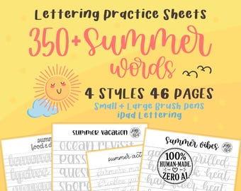 350+ Summer Words Lettering Practice Worksheets: 4 Styles (Digital Download)