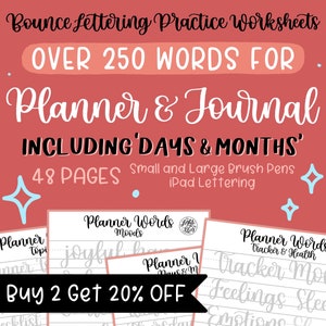 250+ Words for Planner and Journal: Bounce Lettering Practice Worksheets | Small & Large Brush Pen | iPad Lettering | DIGITAL DOWNLOAD