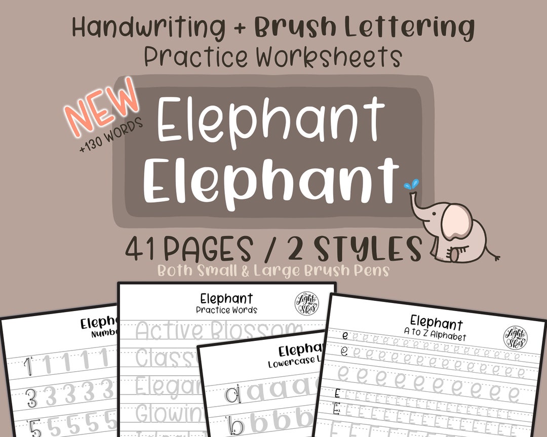 Elephant Handwriting & Brush Lettering Practice Worksheets 2 Styles