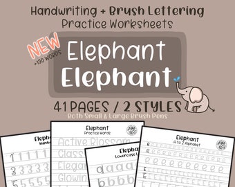 Elephant Handwriting & Brush Lettering Practice Worksheets | 2 Styles | DIGITAL DOWNLOAD | Printing | iPad Lettering | lighttheskyarts