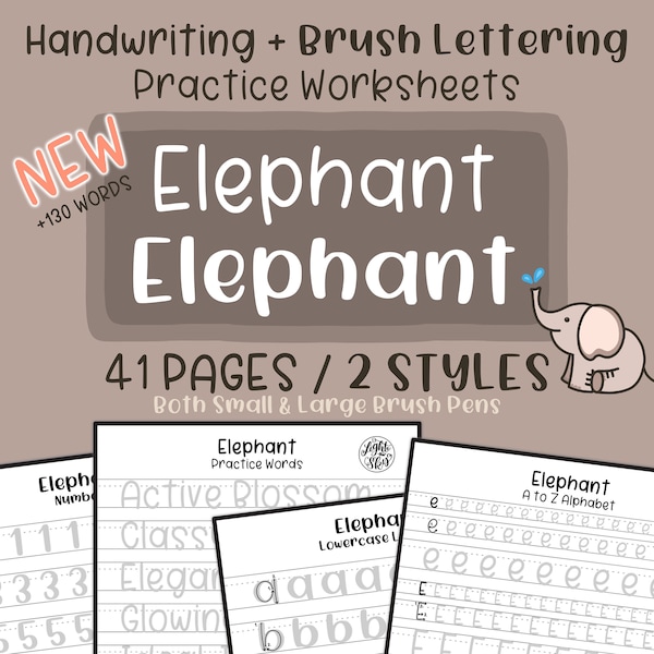 Elephant Handwriting & Brush Lettering Practice Worksheets | 2 Styles | DIGITAL DOWNLOAD | Printing | iPad Lettering | lighttheskyarts