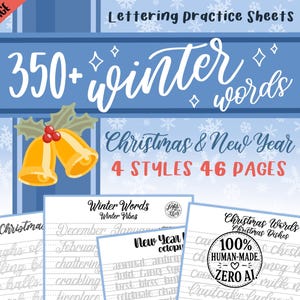 May include: A set of lettering practice sheets titled "350+ Winter Words" for Christmas and New Year. The cover features gold bells, holly, and the text "New Cover Page". The pack includes 4 styles across 46 pages, ideal for learning.