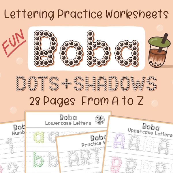 Boba Hand Lettering Practice Worksheets | Dots & Shadows | DIGITAL DOWNLOAD | iPad Lettering | lighttheskyarts
