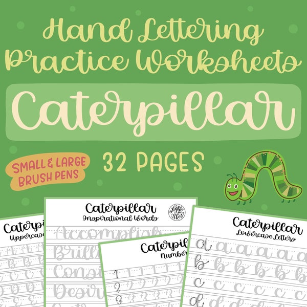 Caterpillar Hand Lettering Practice Worksheets For Small & Large Brush Pens | DIGITAL DOWNLOAD | iPad Lettering | lighttheskyarts