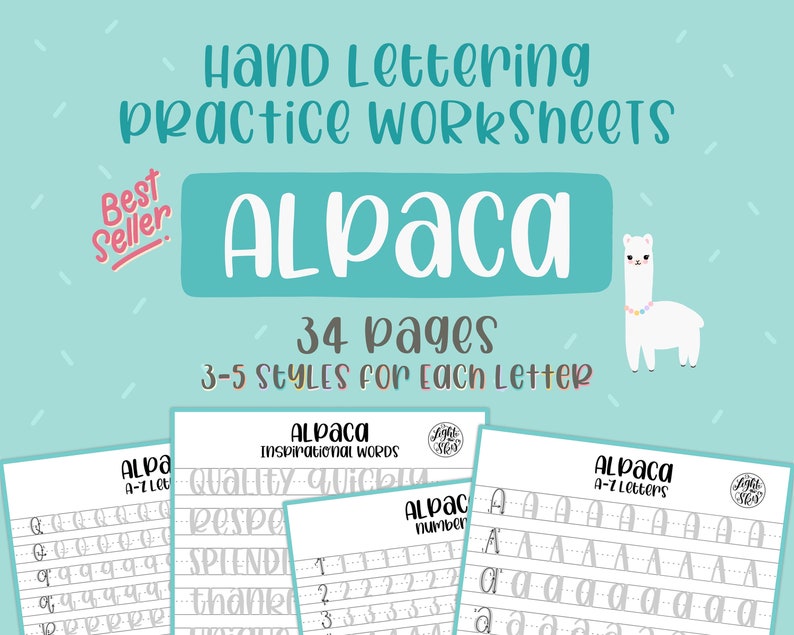 Alpaca Hand Lettering Practice Worksheets For Small & Large Brush Pens Block Letters DIGITAL DOWNLOAD iPad Lettering lighttheskyarts image 1