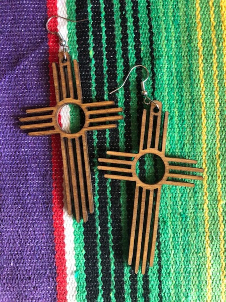 New Mexico Zia Symbol Cross wood earrings 3 | Etsy