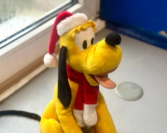 Disney Christmas Pluto Plush Toy Vintage large music toy in Santa costume