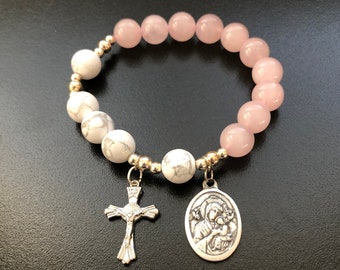 Rosary Bracelet - for Women - Rose Quartz - White Howlite - Stretch Bracelets -  Our Lady of Perpetual Help - small cross